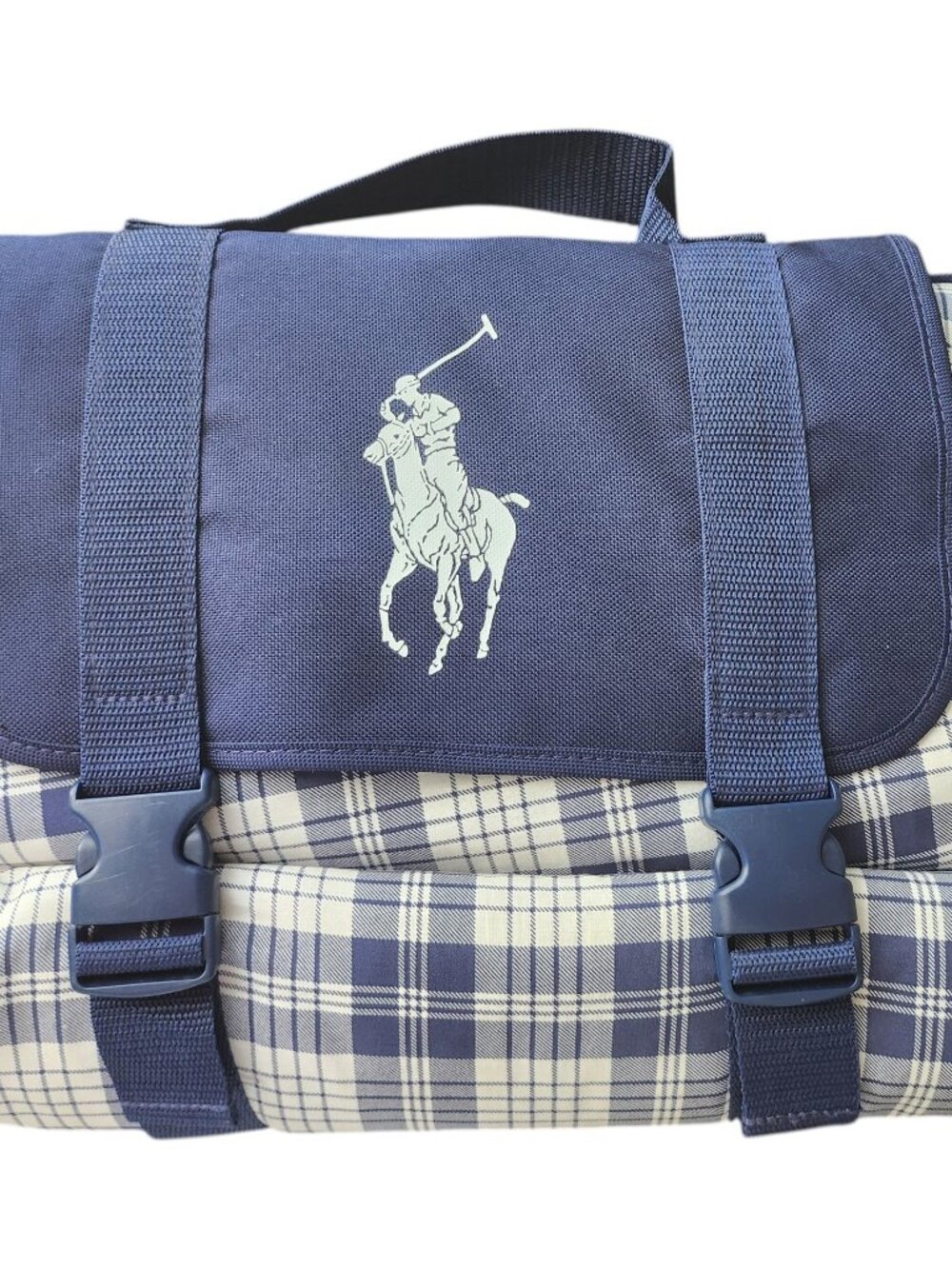 Polo Foldable Picnic Blanket Navy Blue White Plaid Polyester